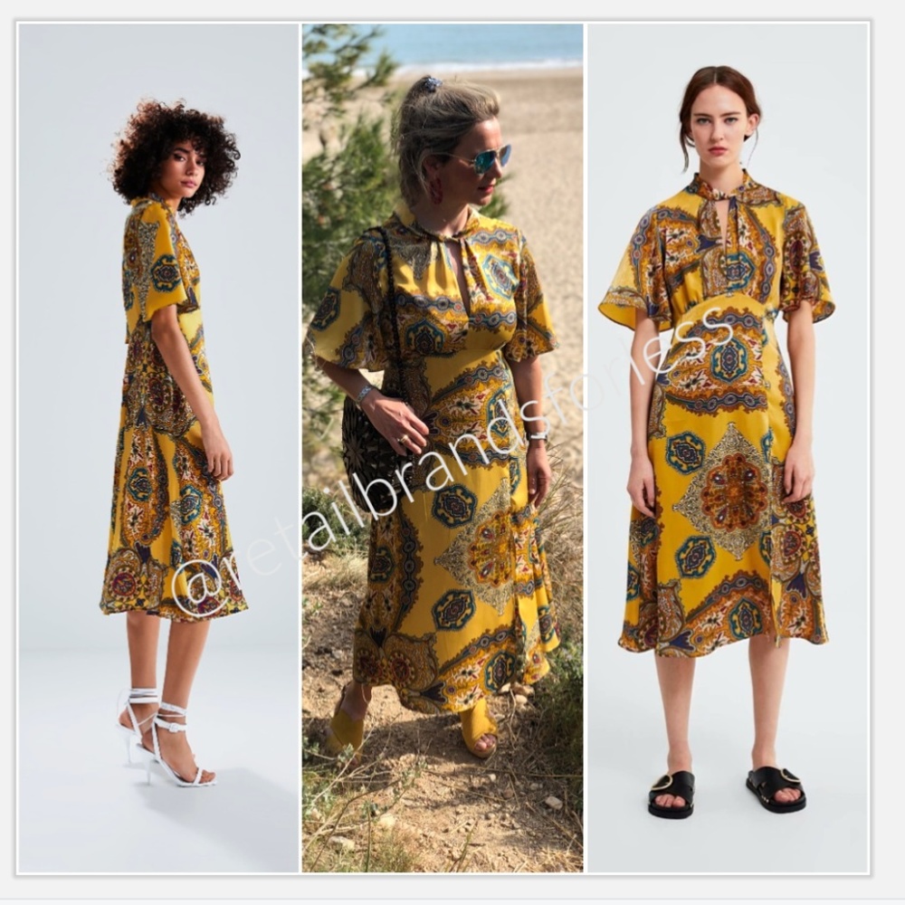 ZARA KEY HOLE TIE NECK SILKY PRINTED MIDI DRESS